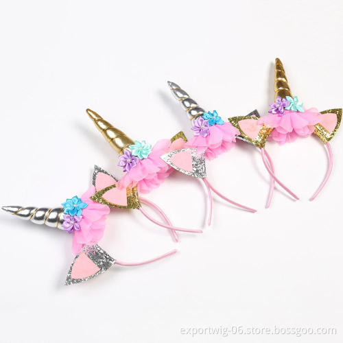 Handmade Kids Party Rainbow Unicorn Horn Headband for DIY Party Supplies Gold Glittery Headwear Flower Hairband